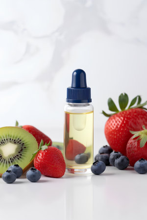 Essential oil of strawberries, blueberries and kiwi on a white backgroundの素材