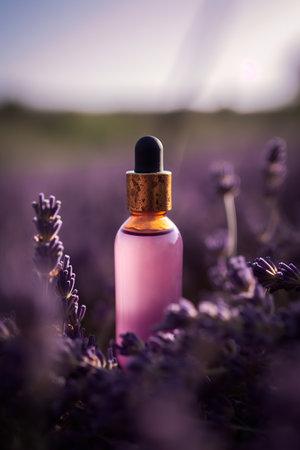 Aromatherapy essential oil in glass bottle on lavender field.の素材