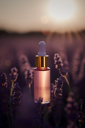 Bottle of lavender essential oil on lavender field at sunsetの素材