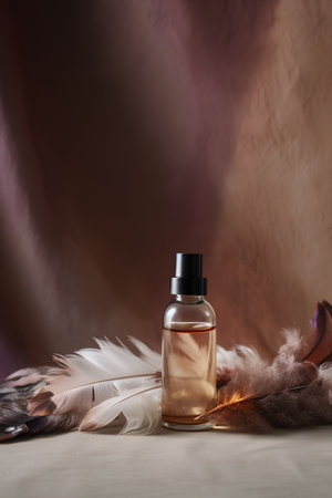 Aromatherapy oil in bottle with feathers on a brown backgroundの素材