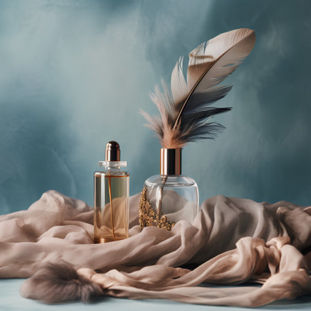 Perfume bottle with feathers on beige fabric and blue backgroundの素材