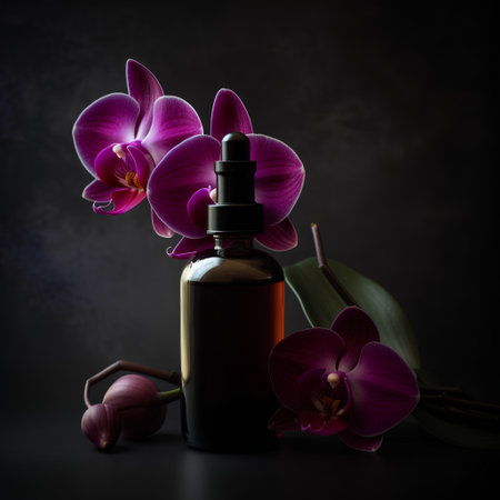 Bottle of essential oil with orchid flowers on dark background.の素材