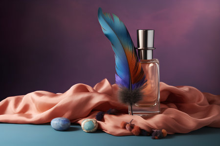 Perfume bottle with feather on silk background. 3d renderingの素材