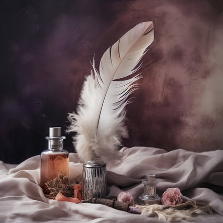 Vintage still life with feathers, perfume bottle and soap on fabricの素材