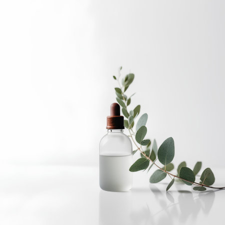 Glass bottle of essential oil with eucalyptus branch on white backgroundの素材