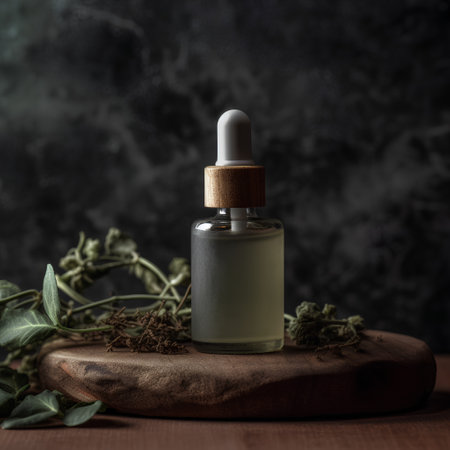 Cannabis essential oil in a glass bottle on a wooden background.の素材