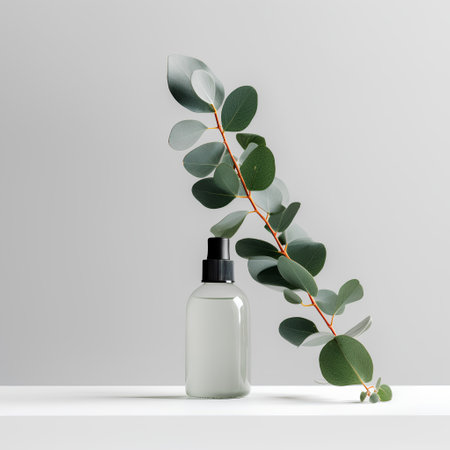 Cosmetic bottle mockup with eucalyptus leaves. 3d illustrationの素材