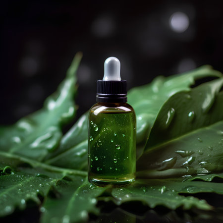Bottle of essential oil and aloe vera leaves on dark backgroundの素材