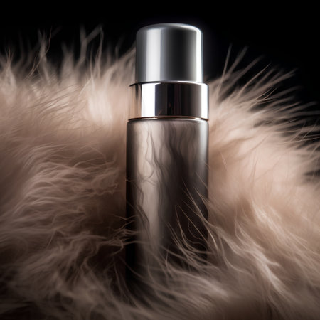 Cosmetic branding, glamour lip gloss and make-up concept - Luxury lipstick and fur on black background, skin care serum and skincare cosmetics product as luxury beauty brand holiday designの素材