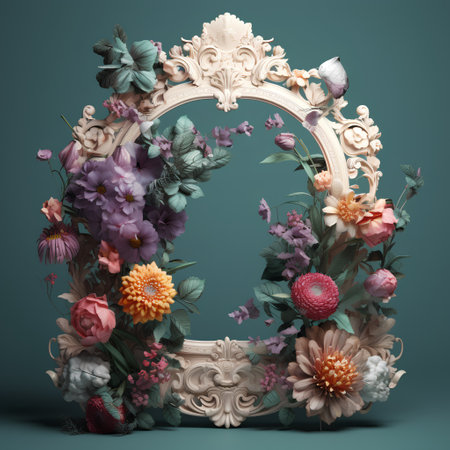 Vintage floral frame with flowers on blue background. 3D renderingの素材