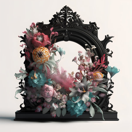 Beautiful vintage frame with flowers and leaves. 3D rendering.の素材