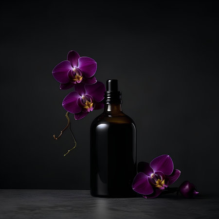 Black bottle of cosmetic oil with orchid flowers on black background.の素材