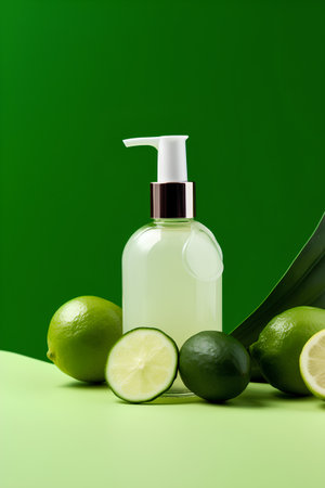 bottle of cosmetic cream with limes on green background, beauty treatmentの素材
