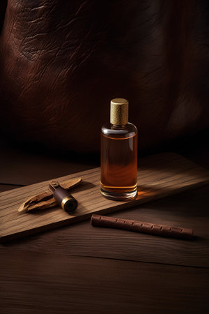 Bottle of perfume and cigar on a wooden background. 3d renderingの素材