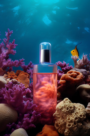 Perfume bottle on the background of coral reef. 3d illustrationの素材