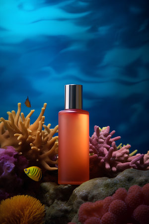 Cosmetic bottle on coral reef background. 3d render illustration.の素材