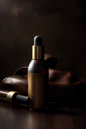Cosmetic bottle in brown leather case on dark background with copy space.の素材
