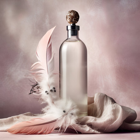 Bottle of perfume with feathers on a pink background. 3d renderingの素材