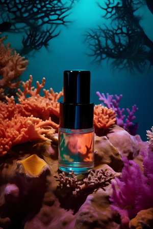 Cosmetic bottle on a coral reef with corals in the backgroundの素材