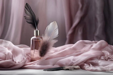 Bottle of perfume with feather on pink silk fabric background. Luxury perfume concept.の素材