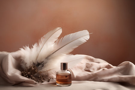 bottle of perfume and feathers on the background of a brown fabricの素材