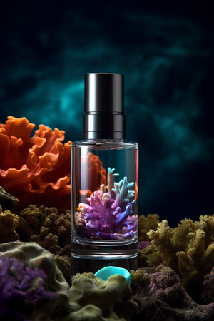 Perfume bottle with corals on dark background, 3d illustrationの素材