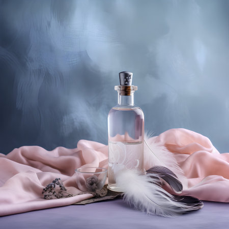 Bottle of perfume, feathers and silk on a blue background.の素材