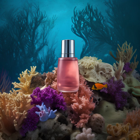 Perfume bottle on the coral reef. 3d illustration.の素材