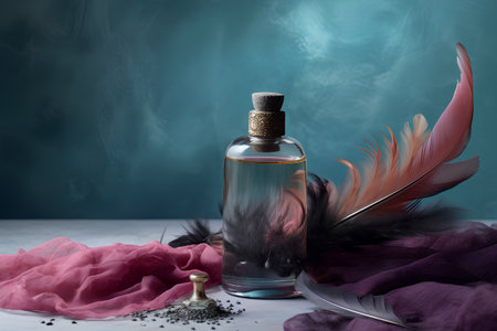 Still life with a bottle of perfume, quill and black feathersの素材