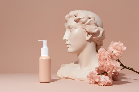 Skincare products with a marble statue and flowers. 3d renderingの素材