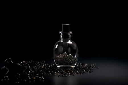 Black beads in glass bottle on a black background. 3d renderingの素材
