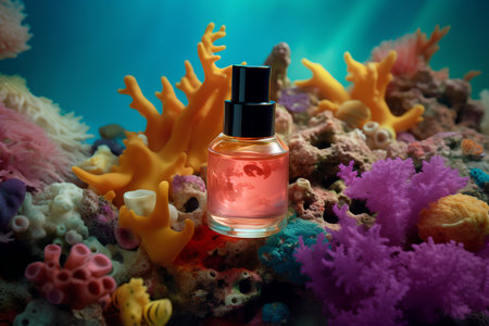 Bottle of perfume on a coral reef. 3d rendering.の素材
