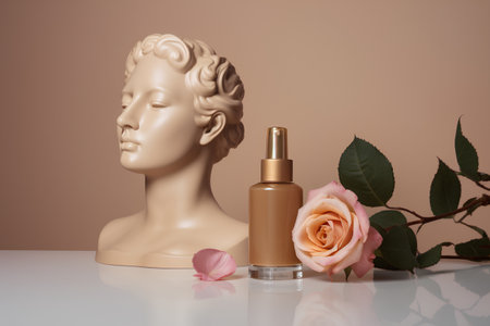 Cosmetic bottle with rose and antique bust of David. 3d renderingの素材