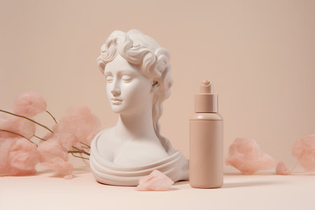 cosmetic cream bottle lotion mockup with marble statue. 3d renderingの素材