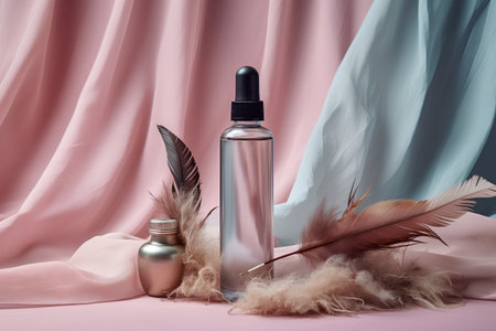 Cosmetic branding mock-up. Glass dropper bottle with pipette and feathers on pink backgroundの素材