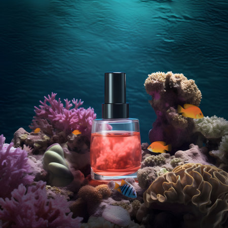 Red nail polish bottle on a coral reef. 3d illustration.の素材