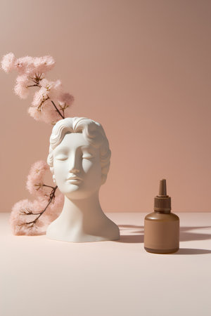 Cherry blossom, cosmetic bottle and statue. 3d renderingの素材