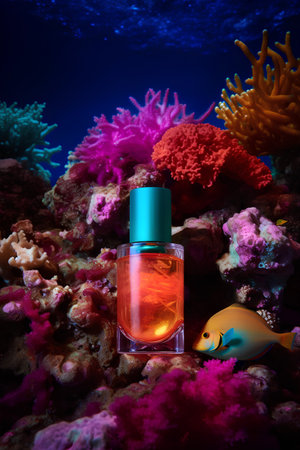 Bottle of perfume on a background of corals and tropical fishの素材