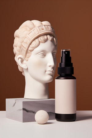 Mockup of a cosmetic bottle with a pipette on the head of a marble statue.の素材