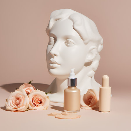 Skincare and cosmetic products with rose flowers. 3d renderingの素材