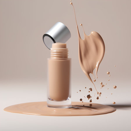 Liquid foundation in a glass bottle on a beige background. 3d renderingの素材