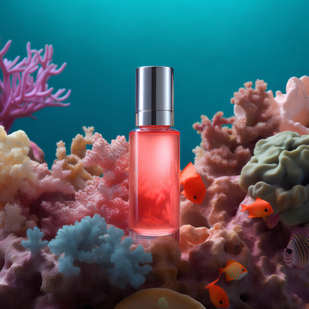 perfume bottle on coral reef, 3d illustration, horizontalの素材