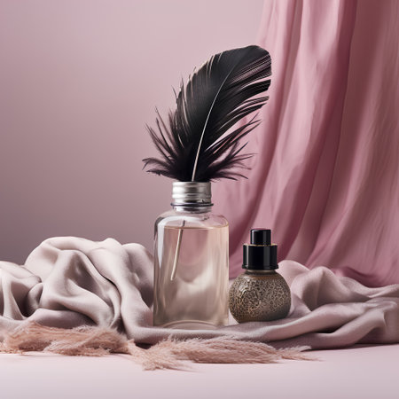 Bottle of perfume with black feather on pink background. 3d renderingの素材