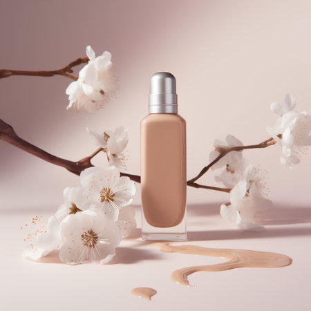 Cosmetic bottle with cream and sakura flowers on pastel backgroundの素材