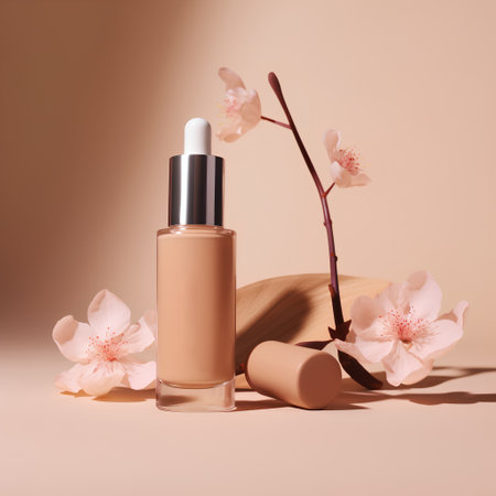 Cosmetic cream bottle and cosmetic products on beige background with sakura flowersの素材