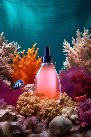 Perfume bottle on coral reef with corals and tropical fish.の素材