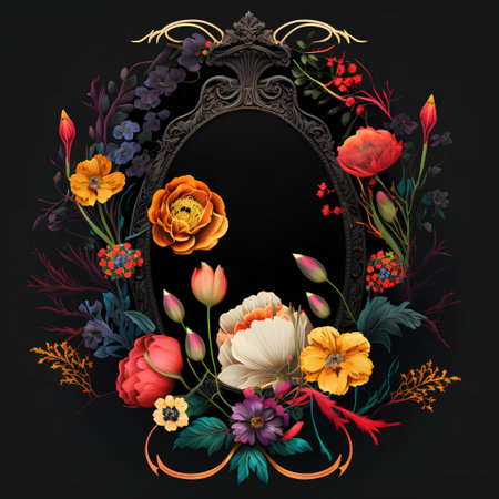 Vintage frame with beautiful flowers on black background. Vector illustration.の素材