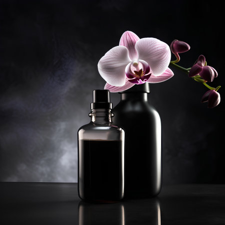 Bottle of cosmetic oil with orchid flower on black background.の素材