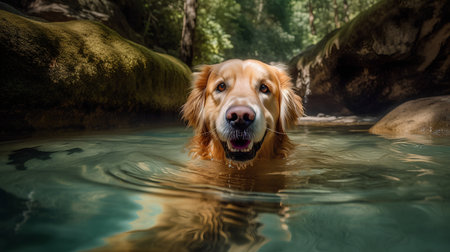 Portrait of golden retriever dog swimming in the river. Selective focus.の素材