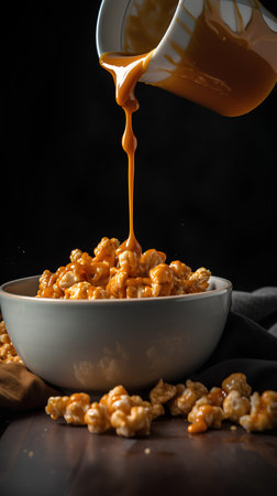 Pouring caramel popcorn into a bowl on a wooden table with black backgroundの素材